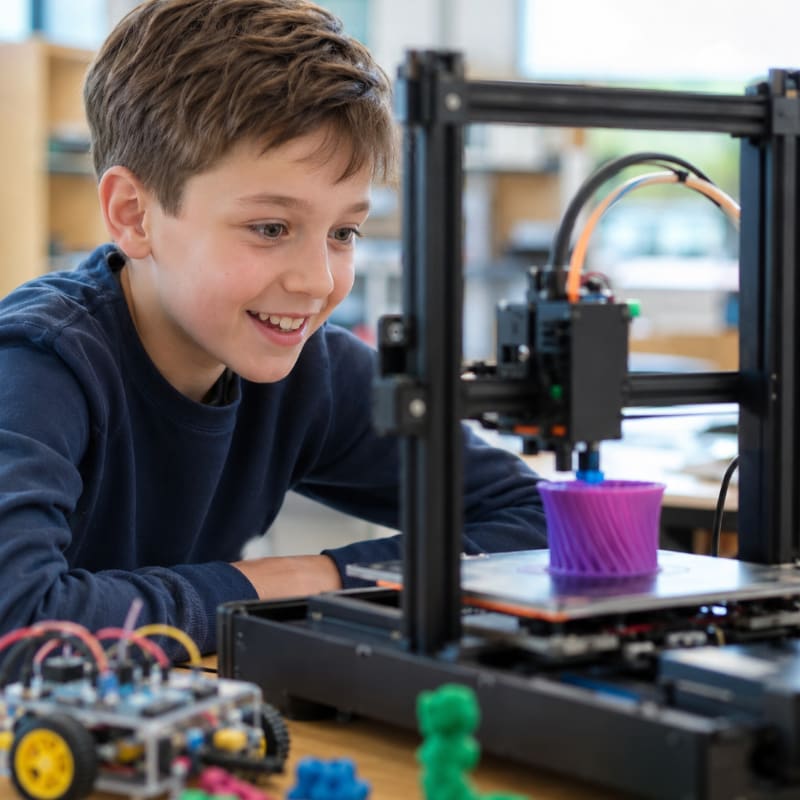 A young boy smiles as he watches a 3D printer create a purple object, with a robot and other 3D printed items in the foreground and a blurred classroom in the background.