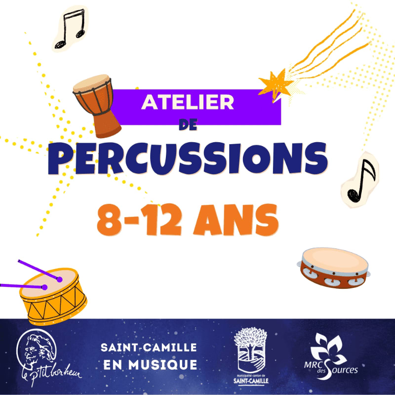 A colorful graphic advertises a percussion workshop for ages 8-12, featuring drums and musical notes against a starry background with logos at the bottom.