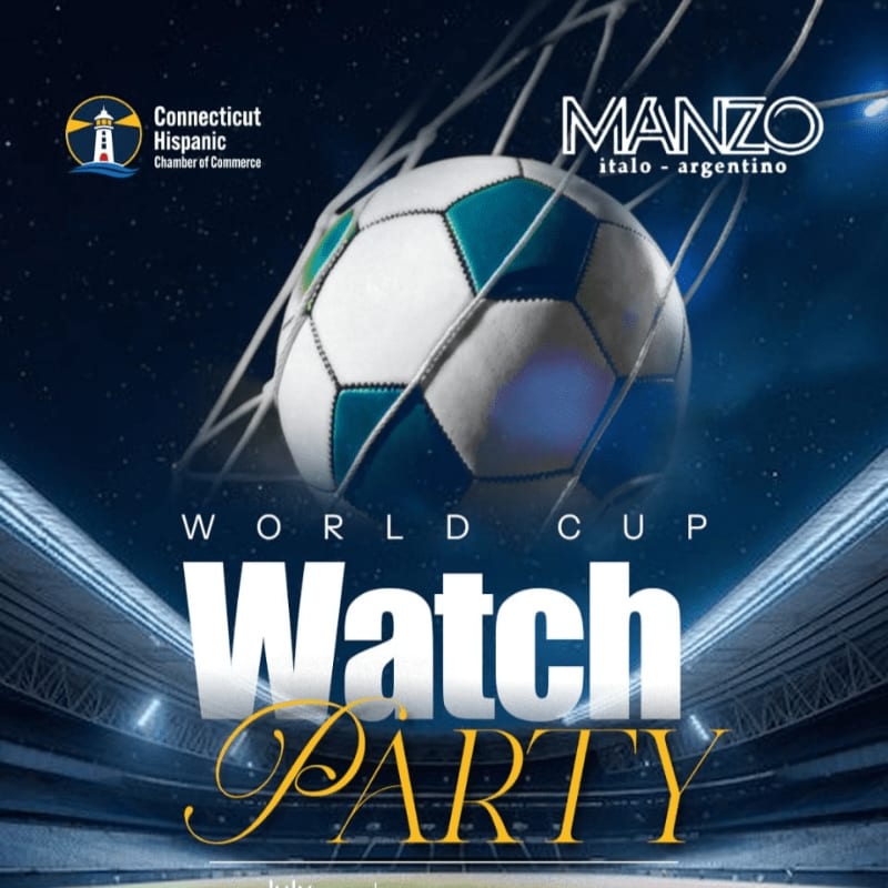 A soccer ball is caught in a net in the foreground, with a stadium and "World Cup Watch Party" text in the background.