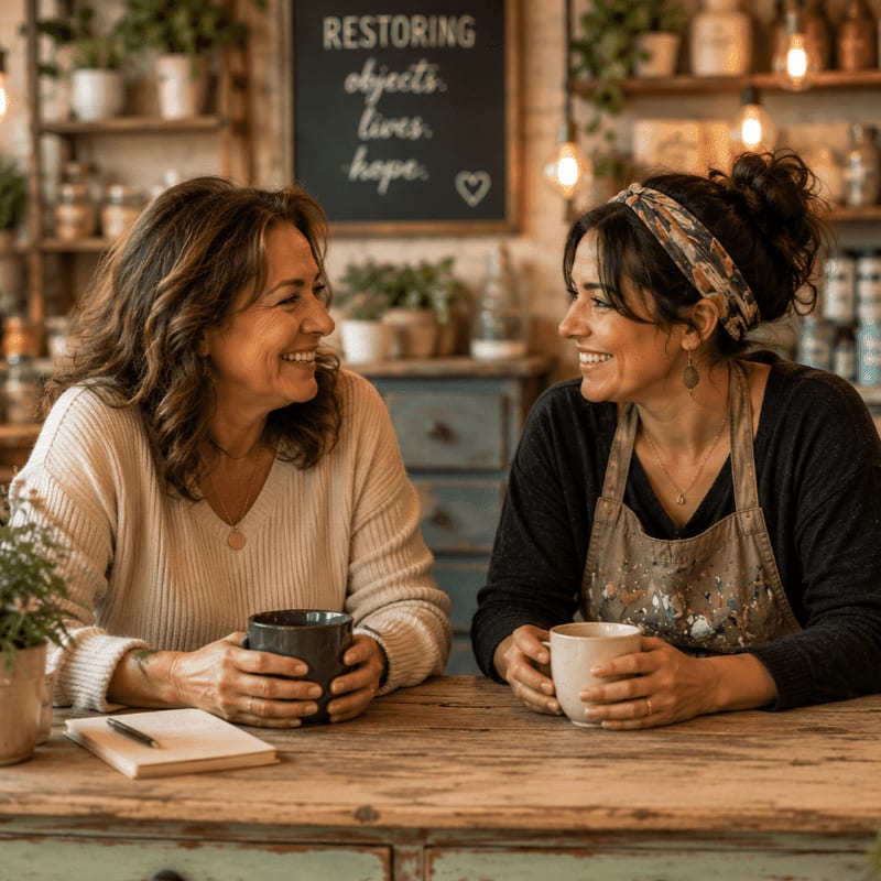 Two women smile at each other over mugs of coffee at a wooden table, with shelves of plants and jars in the background.