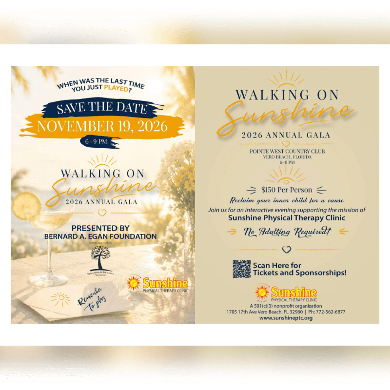 A save-the-date announcement for the "Walking on Sunshine" 2026 Annual Gala is overlaid on a blurred background of palm trees and a beach.