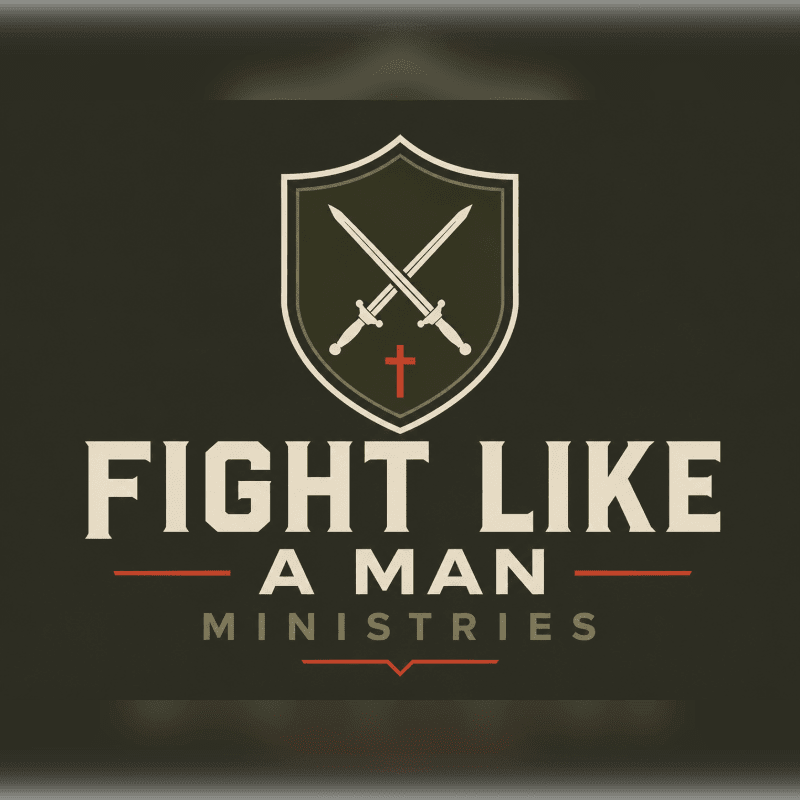 A shield with crossed swords and a cross sits above the words "FIGHT LIKE A MAN MINISTRIES" on a dark background.