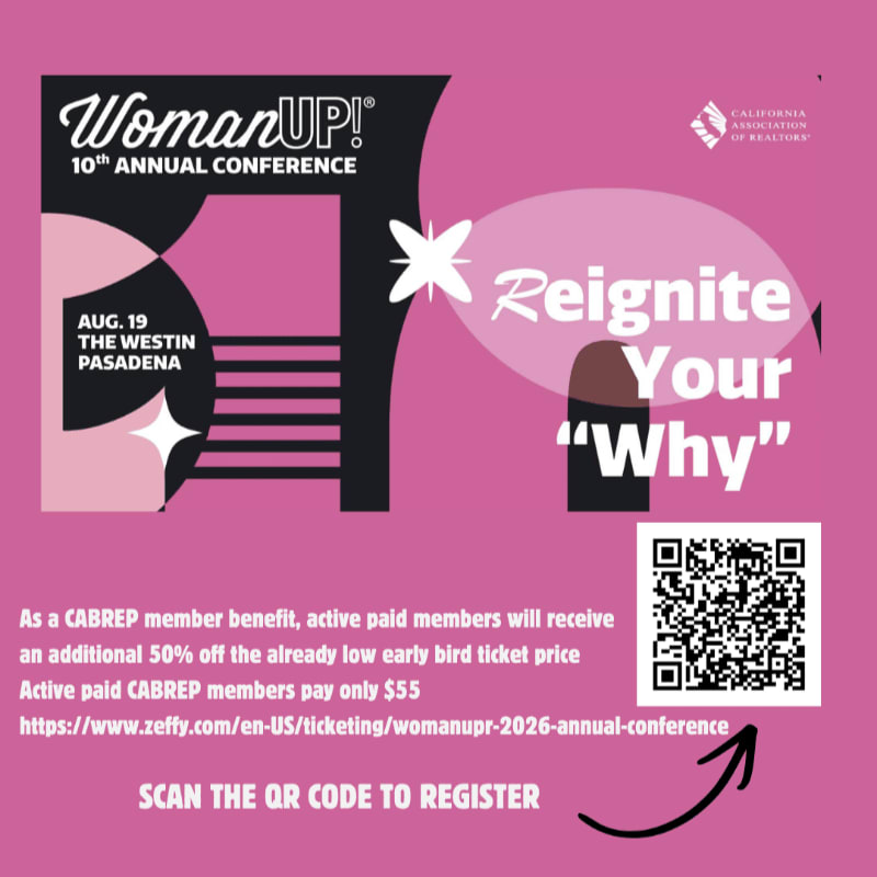 A pink and black graphic advertises the WomanUP! 10th Annual Conference on August 19th at The Westin Pasadena, with a QR code and registration details in the foreground.