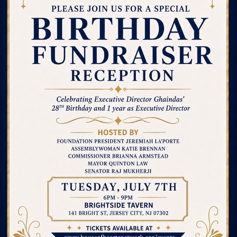 A navy blue invitation with gold decorative elements announces a birthday fundraiser reception for Executive Director Ghaindas, detailing the date, time, location, and hosts.