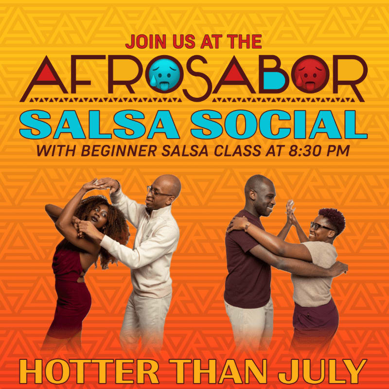 Two couples dance salsa in the foreground against a vibrant, patterned background advertising an "Afrosabor Salsa Social."