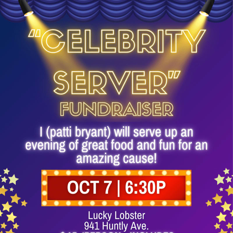 Golden spotlights illuminate the "Celebrity Server" fundraiser title against a purple curtain background, with a marquee displaying the date and time in the foreground.