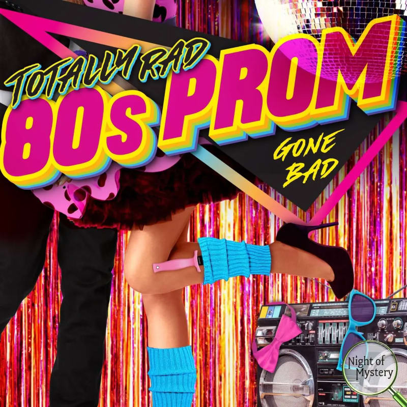 A person in bright blue leg warmers and a black heel stands in front of a sparkly, retro backdrop with a boombox and disco ball.