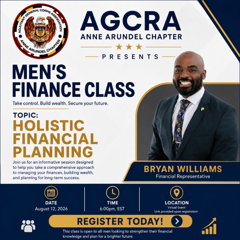 A smiling man in a suit is featured in the foreground of a flyer for a men's finance class, with the background detailing the event's topic, date, time, and location.