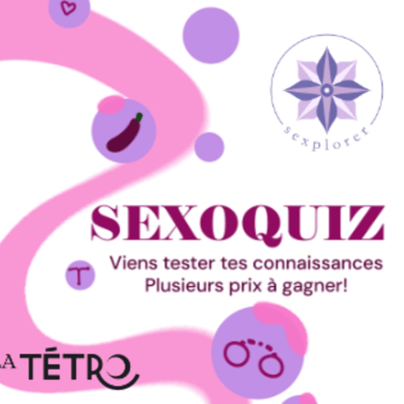 A pink and purple graphic advertises a "SEXOQUIZ" with playful icons like an eggplant and handcuffs in the foreground, set against a swirling pink background with scattered purple circles and a compass-like logo.