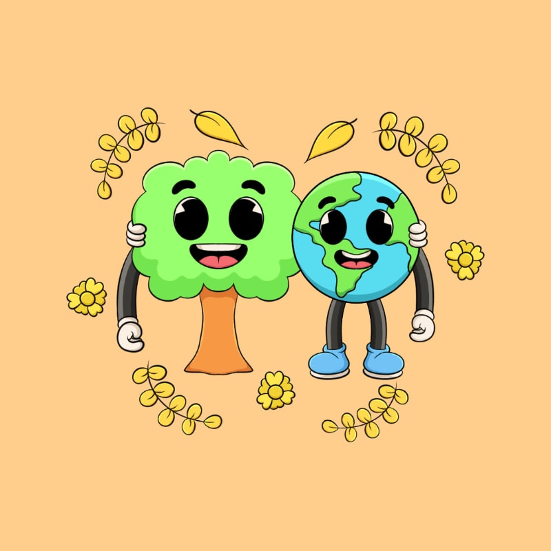 A cartoon tree and the Earth, with smiling faces and arms around each other, are surrounded by yellow flowers and leaves against a plain orange background.