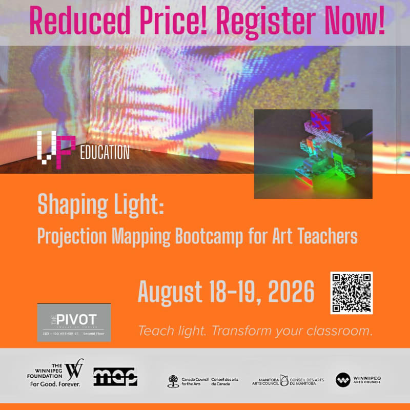 A vibrant orange banner advertises a "Shaping Light: Projection Mapping Bootcamp for Art Teachers" with a colorful projection in the background and a QR code in the foreground.