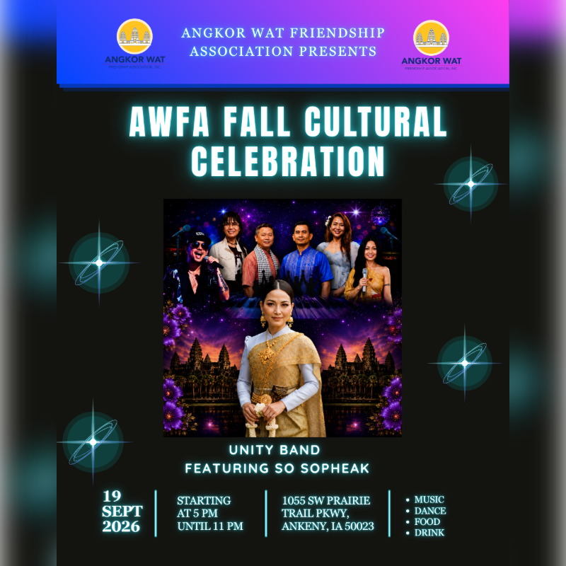 A poster for the AWFA Fall Cultural Celebration features a woman in traditional attire in the foreground against a backdrop of Angkor Wat and a band, with event details at the bottom.