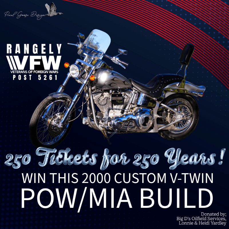 A custom V-twin motorcycle with flames is displayed in the foreground against a background of the American flag and VFW Post 5261 branding.
