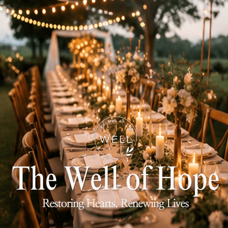 A long, elegantly set table with candles and floral arrangements in the foreground is illuminated by string lights against a blurred background of trees and greenery.