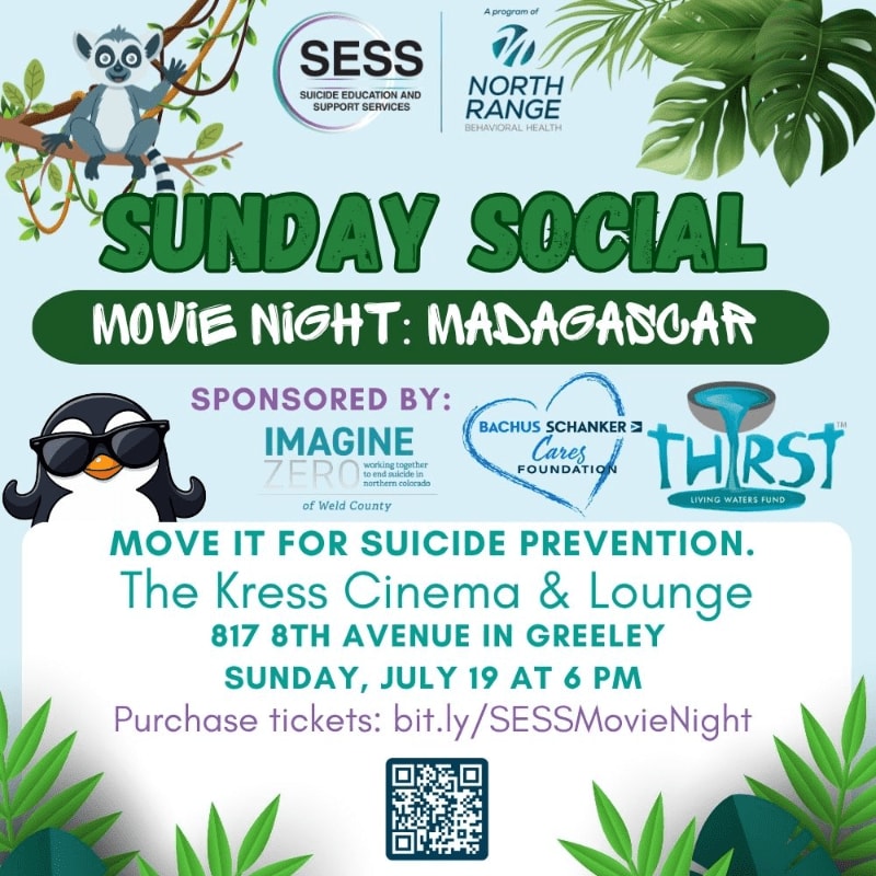 A cartoon lemur and penguin are featured in the foreground against a background of lush green foliage and event details for a "Sunday Social Movie Night: Madagascar" sponsored by various organizations.