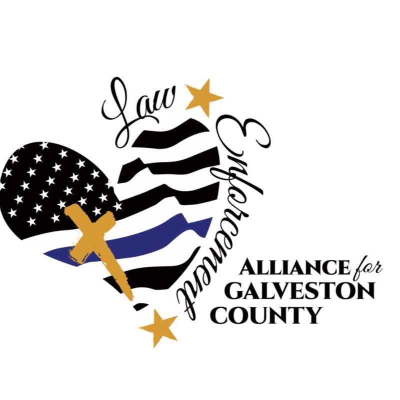 A heart-shaped emblem with the American flag and a thin blue line is overlaid with a golden cross and stars, set against a white background with the text "ALLIANCE for GALVESTON COUNTY" to the right.