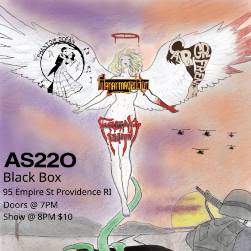 A stylized drawing of an angelic figure with text and event details in the foreground is set against a surreal background of helicopters and a sunset.