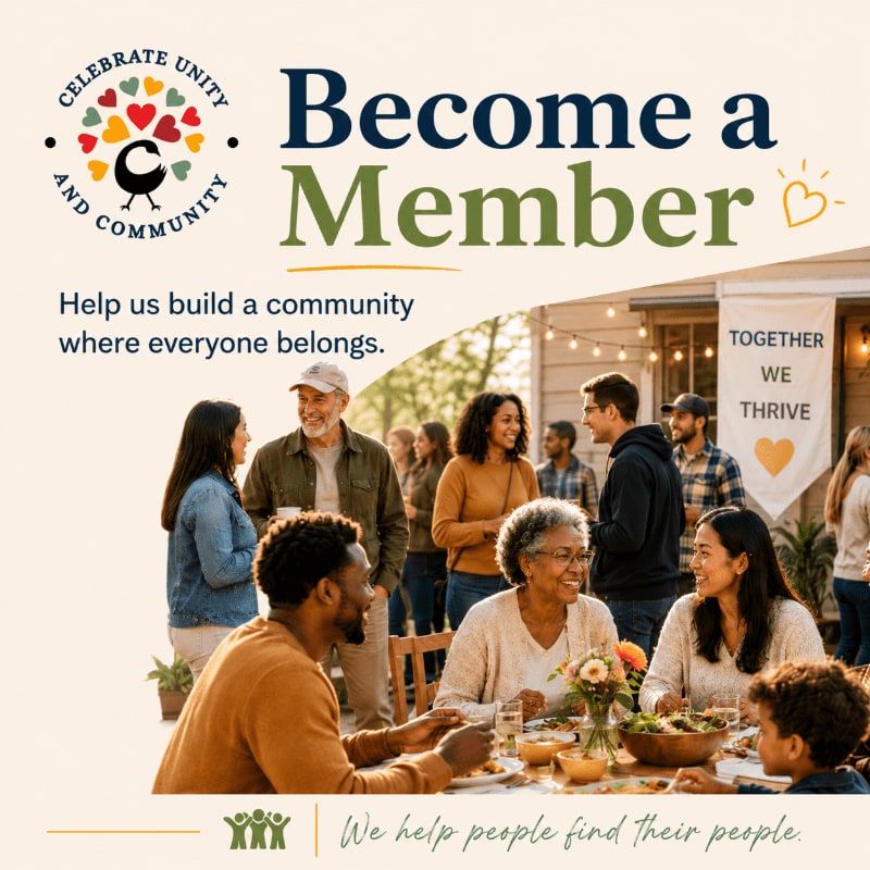 A diverse group of people are gathered around a table in the foreground, while a banner reading "TOGETHER WE THRIVE" hangs in the background.