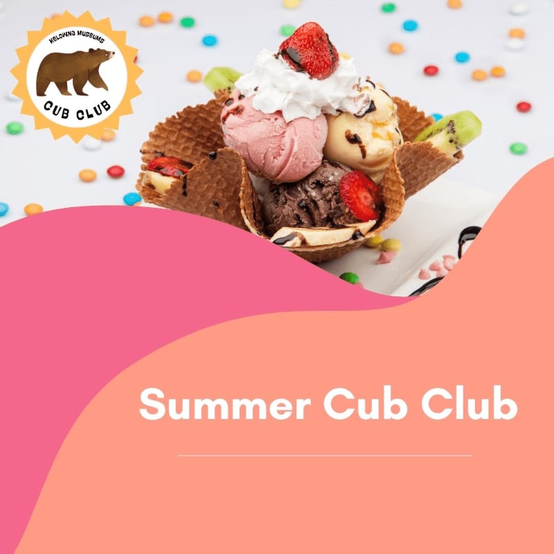 A waffle bowl overflowing with colorful ice cream scoops and fruit sits on a white plate, surrounded by confetti, with a "Summer Cub Club" logo in the upper left corner.