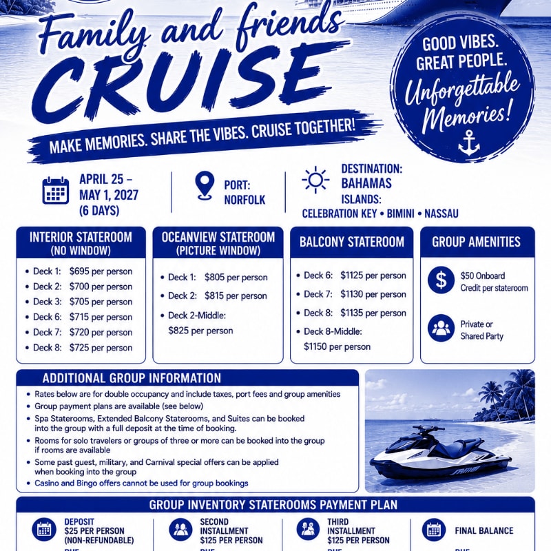 A cruise advertisement with pricing for different staterooms and group amenities is displayed against a backdrop of a cruise ship and ocean waves.