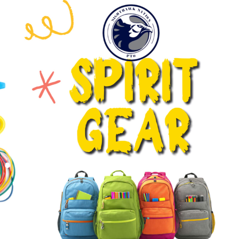 Four colorful backpacks filled with school supplies are in the foreground, with a large "SPIRIT GEAR" text and a school logo in the background.