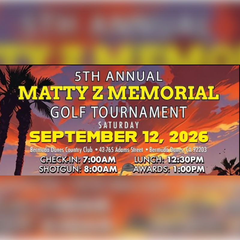 Palm trees frame a vibrant sunset behind text announcing the 5th Annual Matty Z Memorial Golf Tournament on September 12, 2026.