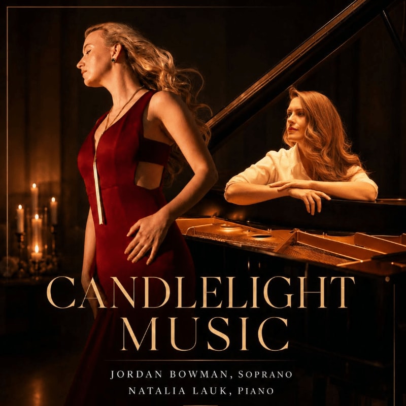 A soprano in a red dress stands in the foreground with a pianist at a grand piano in the dimly lit background, illuminated by candlelight.