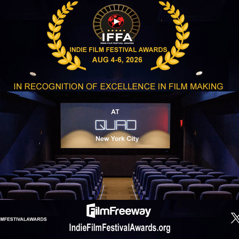 Rows of empty blue theater seats fill the foreground, leading to a large screen displaying "AT QUAD New York City" in the background, all under a laurel wreath graphic announcing the IFFA Indie Film Festival Awards.