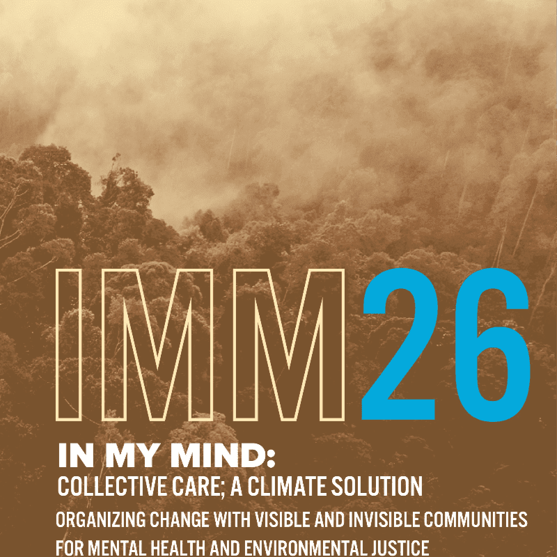 Large white text "IMM26" dominates the foreground, overlaid on a hazy, brown background of trees and sky.