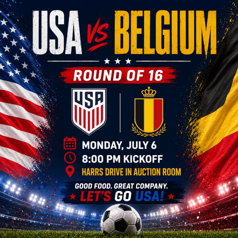 A soccer ball rests on a grassy field in the foreground, with the USA and Belgium flags framing the "USA vs Belgium Round of 16" event details in the background.