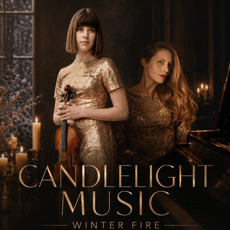 Two women in sparkling dresses, one holding a violin, stand in a dimly lit room with candles and a piano, suggesting a "Candlelight Music: Winter Fire" performance.