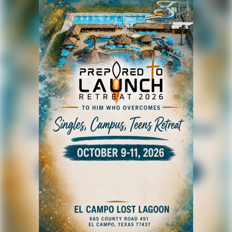 A retreat advertisement for "Prepared to Launch Retreat 2026" is overlaid on a bird's-eye view of a water park with slides and pools in the background.