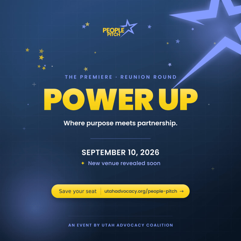 A dark blue background with yellow text announcing "POWER UP" and event details is in the foreground, while a stylized starburst and scattered stars form the background.