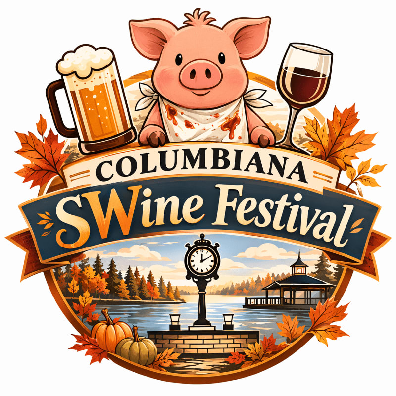 A cartoon pig wearing a bib stands behind a banner for the Columbiana Wine Festival, with a beer mug and wine glass on either side, while a scenic autumn landscape with pumpkins and fall leaves fills the background.