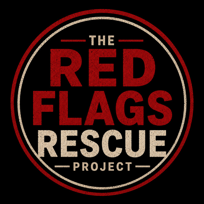 A circular logo with the words "THE RED FLAGS RESCUE PROJECT" in distressed red and cream lettering against a black background.