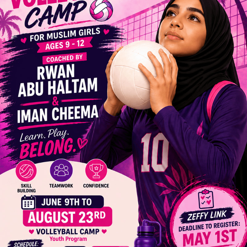A young Muslim girl in a purple volleyball jersey and hijab holds a volleyball in the foreground, with a pink and purple flyer advertising a volleyball camp for Muslim girls in the background.