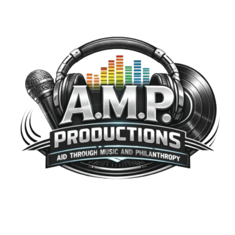 A microphone and vinyl record frame a logo with headphones and a colorful equalizer, all against a white background.