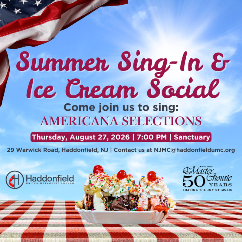 A large American flag billows in the sky above a festive ice cream sundae on a red and white checkered tablecloth, advertising a "Summer Sing-In & Ice Cream Social."