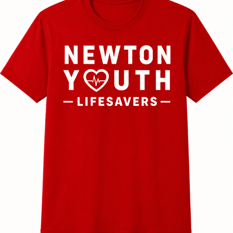 A red t-shirt with white text and a heart with a heartbeat line is displayed against a plain white background.