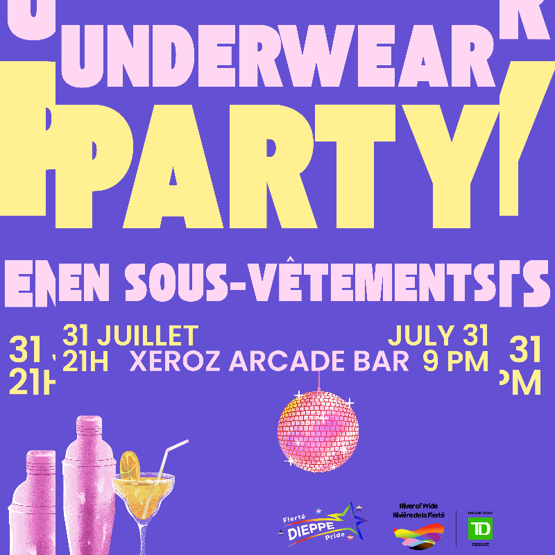A vibrant purple background advertises an "UNDERWEAR PARTY" with details of the event in the foreground, including cocktails, a disco ball, and event information.