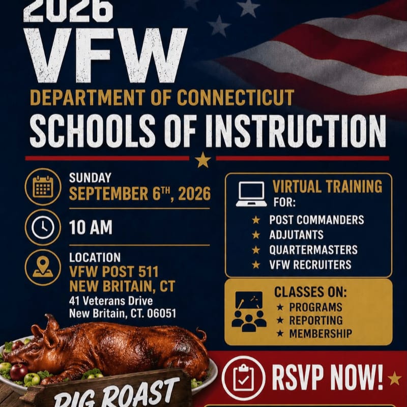 A roasted pig in the foreground sits below a flyer for VFW Schools of Instruction with an American flag motif in the background.