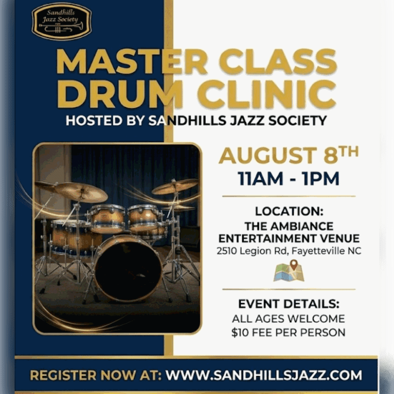 A drum set is featured in the foreground of a flyer announcing a drum clinic hosted by the Sandhills Jazz Society.