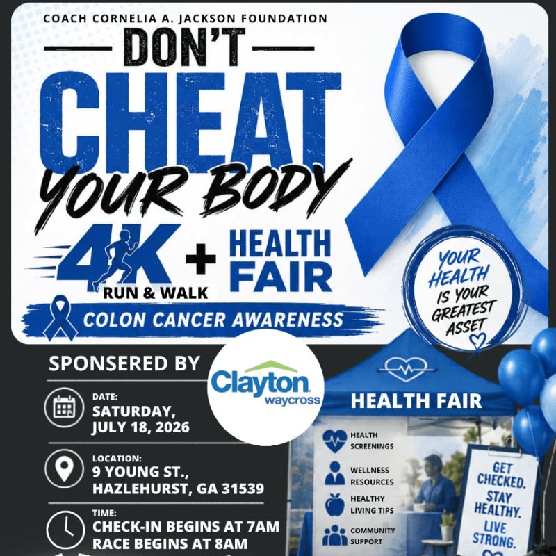 A flyer for a "Don't Cheat Your Body 4K + Health Fair" promoting colon cancer awareness features a large blue ribbon and event details in the background, with smaller photos of participants in the foreground.