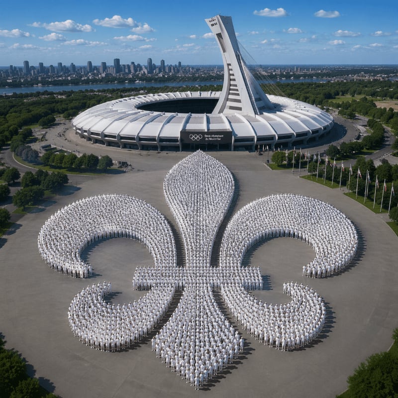 A massive fleur-de-lis formed by people stands in the foreground before the Olympic Stadium and a city skyline in the background.