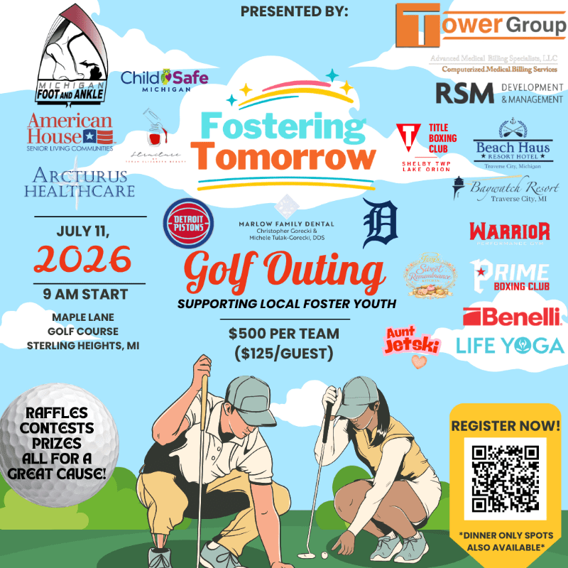 A golf outing poster features a foreground of two golfers preparing to putt, with a background filled with event details, sponsor logos, and a rainbow graphic.