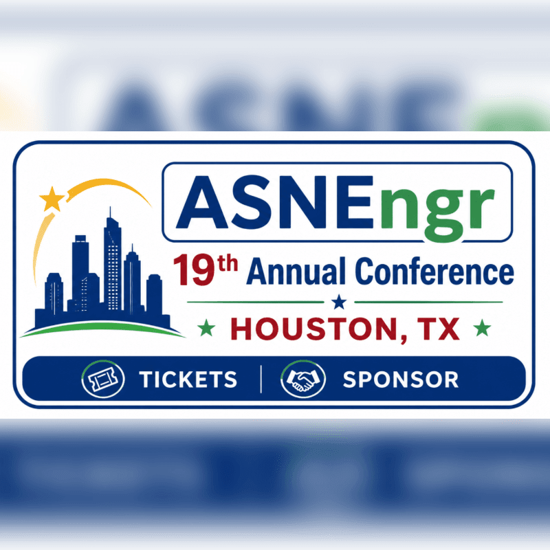 A logo for the 19th Annual ASNEngr Conference in Houston, TX, featuring a city skyline in the foreground and a blurred blue and white background.
