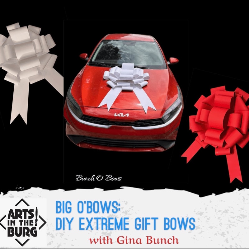 A red Kia car is adorned with a large white bow on its hood, flanked by a white bow on the left and a red bow on the right, all set against a black background with overlaid text about DIY gift bows.