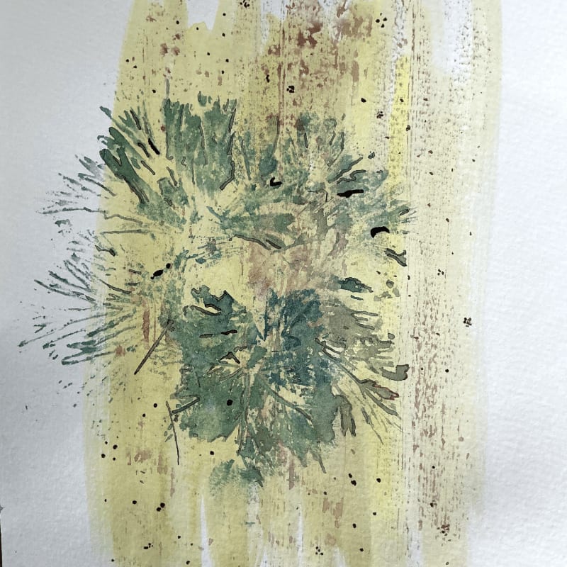 A green, spiky botanical form is centered against a textured, pale yellow and brown background with scattered dark specks.