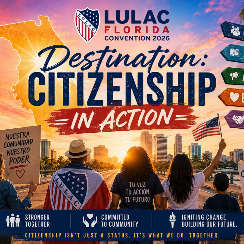 In the foreground, people hold signs and an American flag, while the background features a stylized map of Florida and a city skyline at sunset.