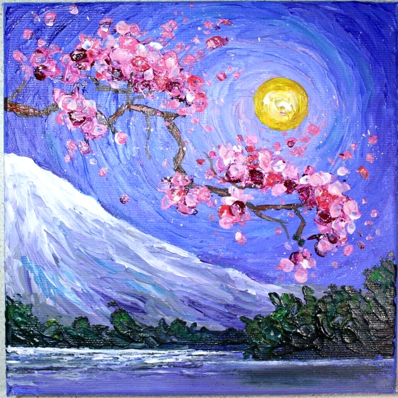 A snow-capped mountain and dark green trees are in the foreground, while a cherry blossom branch with pink flowers is in the background against a swirling blue sky with a bright yellow moon.
